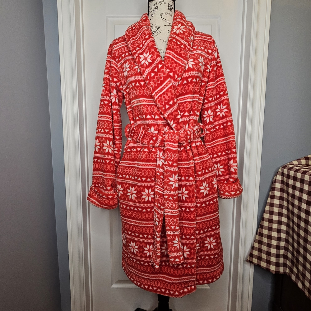 La Vie En Rose Christmas Fleece Robe Red Fair Isle Snowflake Bathrobe Size XS\S